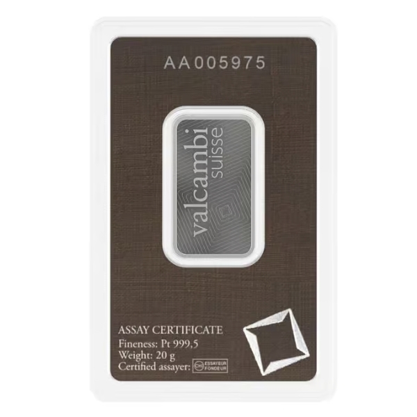 20 gram Platinum Bar (Inc. Assay Card) – Valcambi Suisse